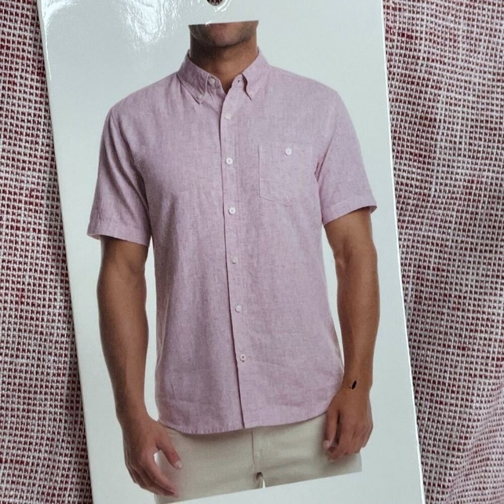 Weatherproof Vintage Mens XXL Pink Washable Linen Short Sleeve Shirt a0405 - Picture 2 of 10